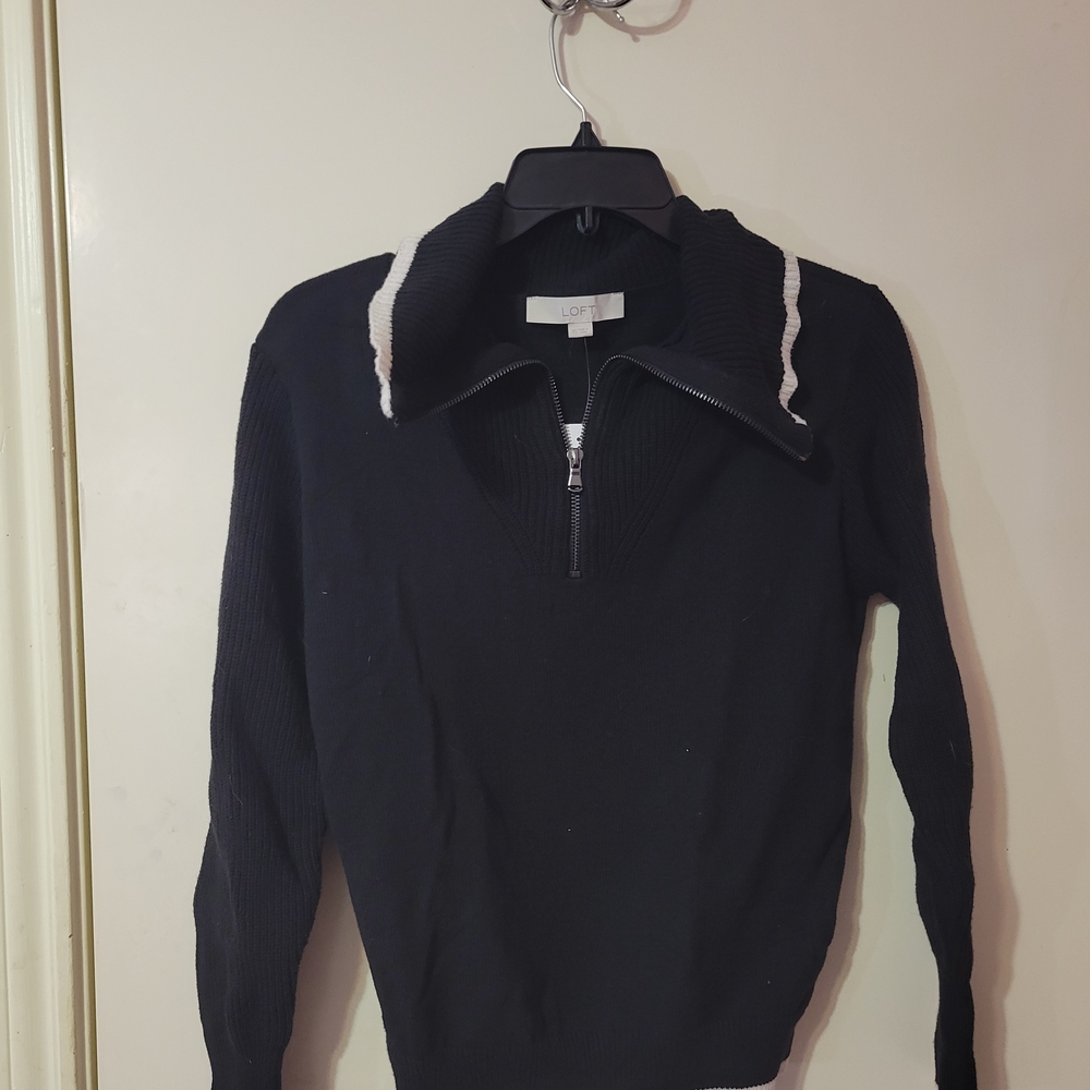 LOFT Men's Black Zip-Up Sweater with White Accents